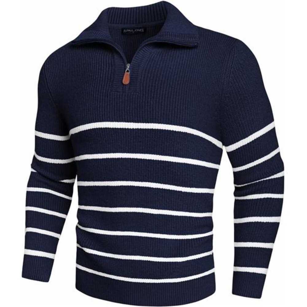 Men's Quarter Zip Sweater Striped Mock Neck Pullover Sweater - Picture 4 of 6